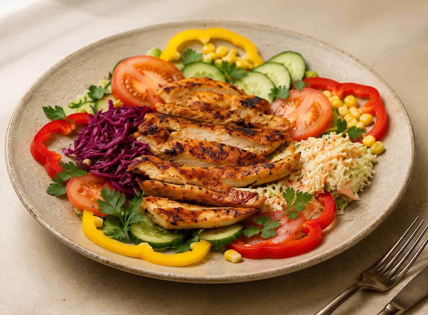 Grilled chicken salad with tomatoes and peppers