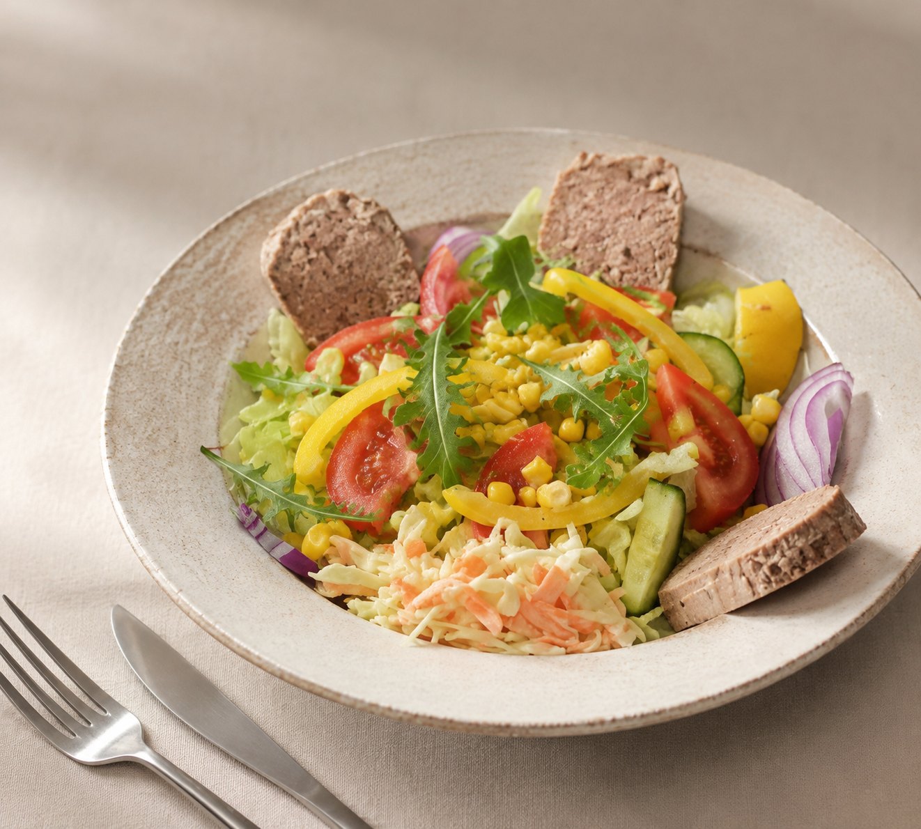 Fresh cafe salad with bread and vegetables