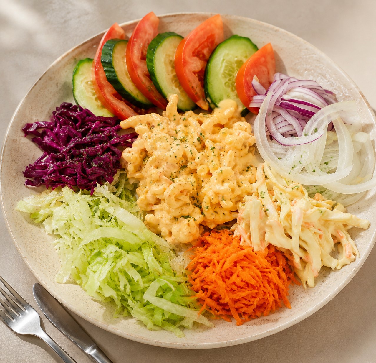 Colourful salad plate with sliced vegetables