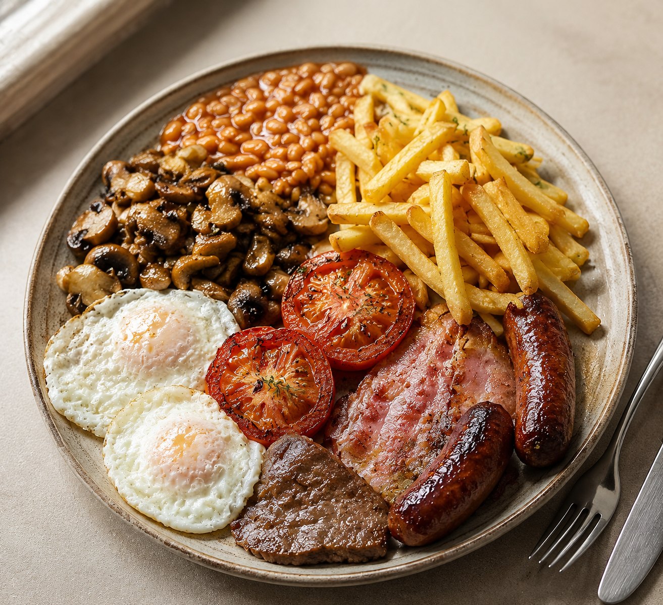 Full breakfast plate with eggs sausage bacon beans and chips