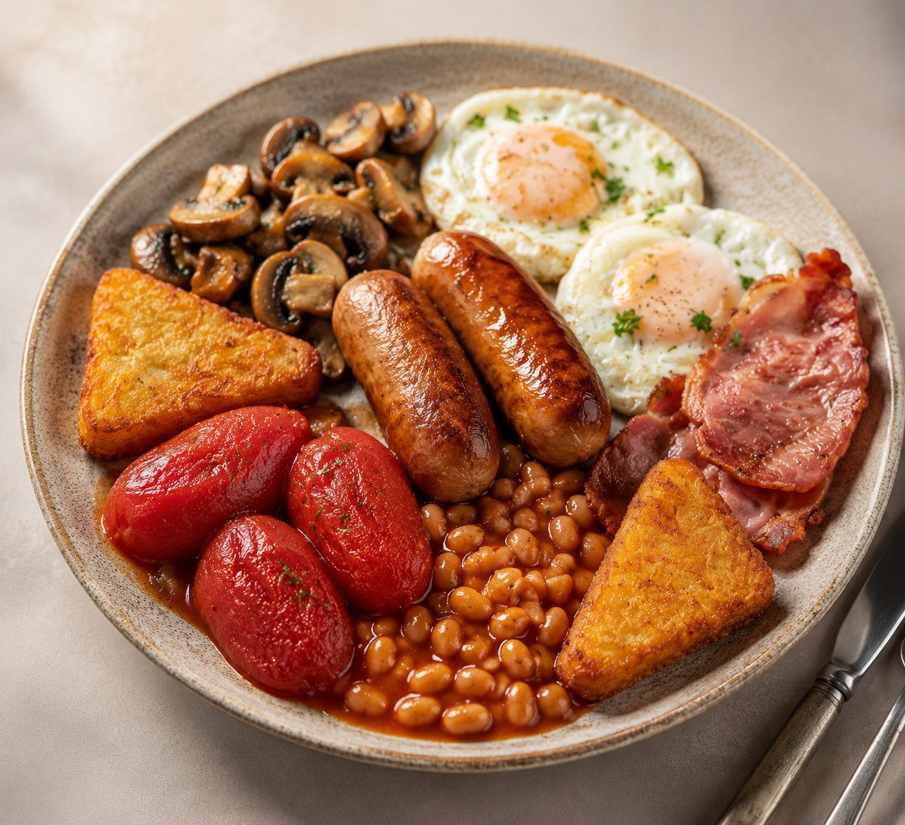 Cafe breakfast with sausage bacon eggs beans mushrooms and tomatoes